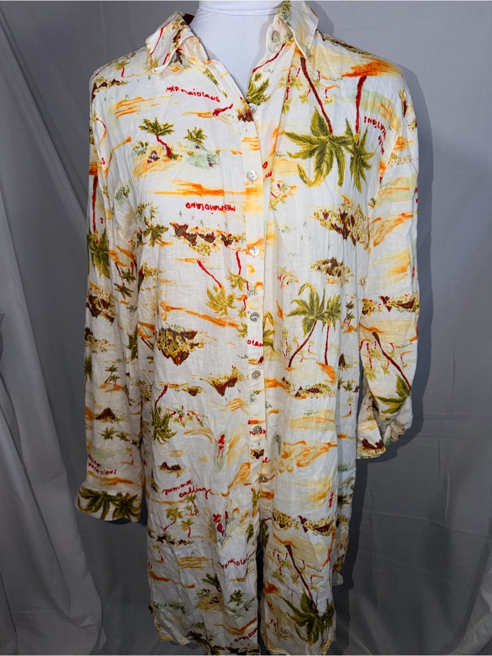 C&C California Cream Tropical Print Button-Down Shirt Relaxed Beachwear linen